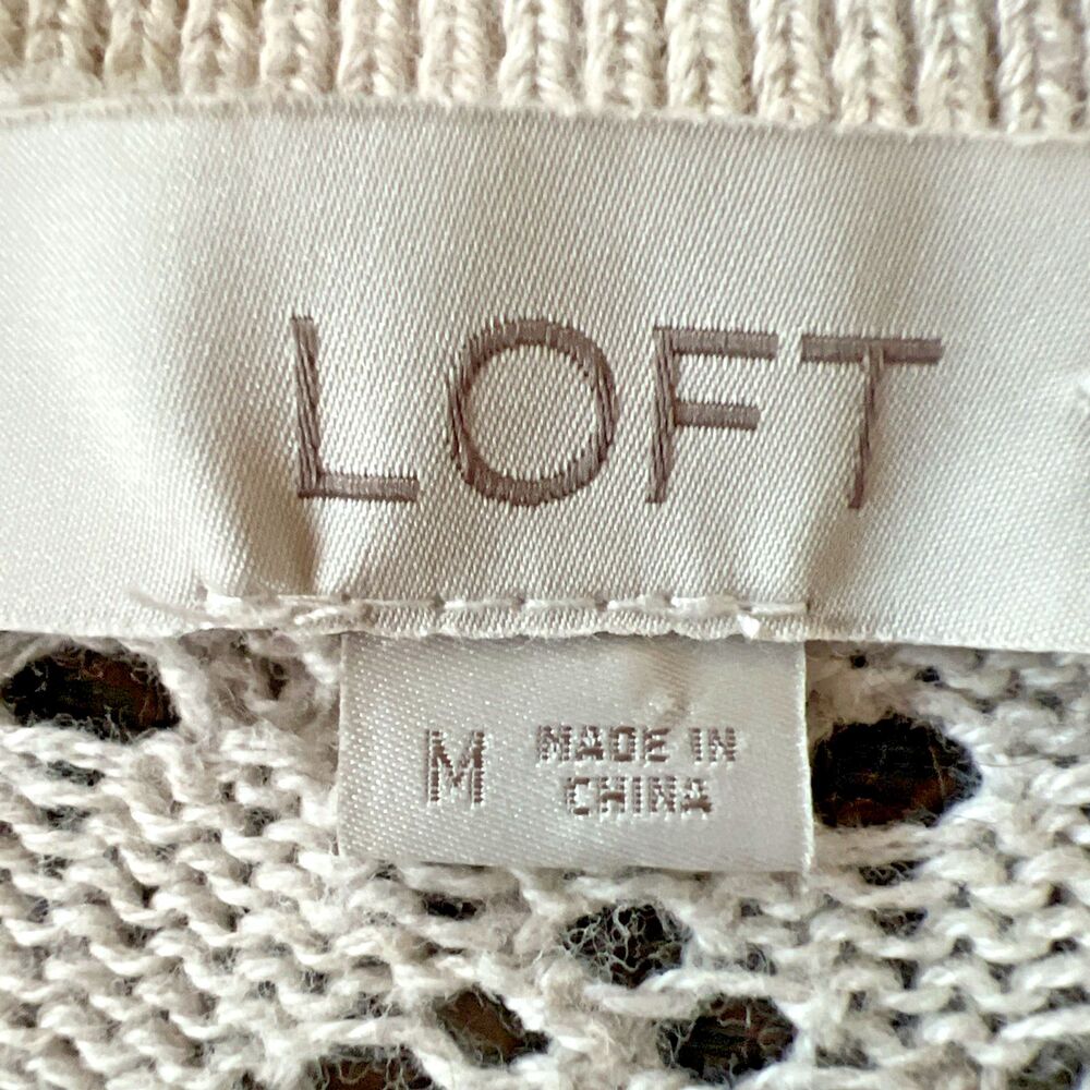 Loft Oatmeal Pointelle Polo Style V Neck Spread Collar Lightweight Blouse Sz Med - Picture 7 of 8